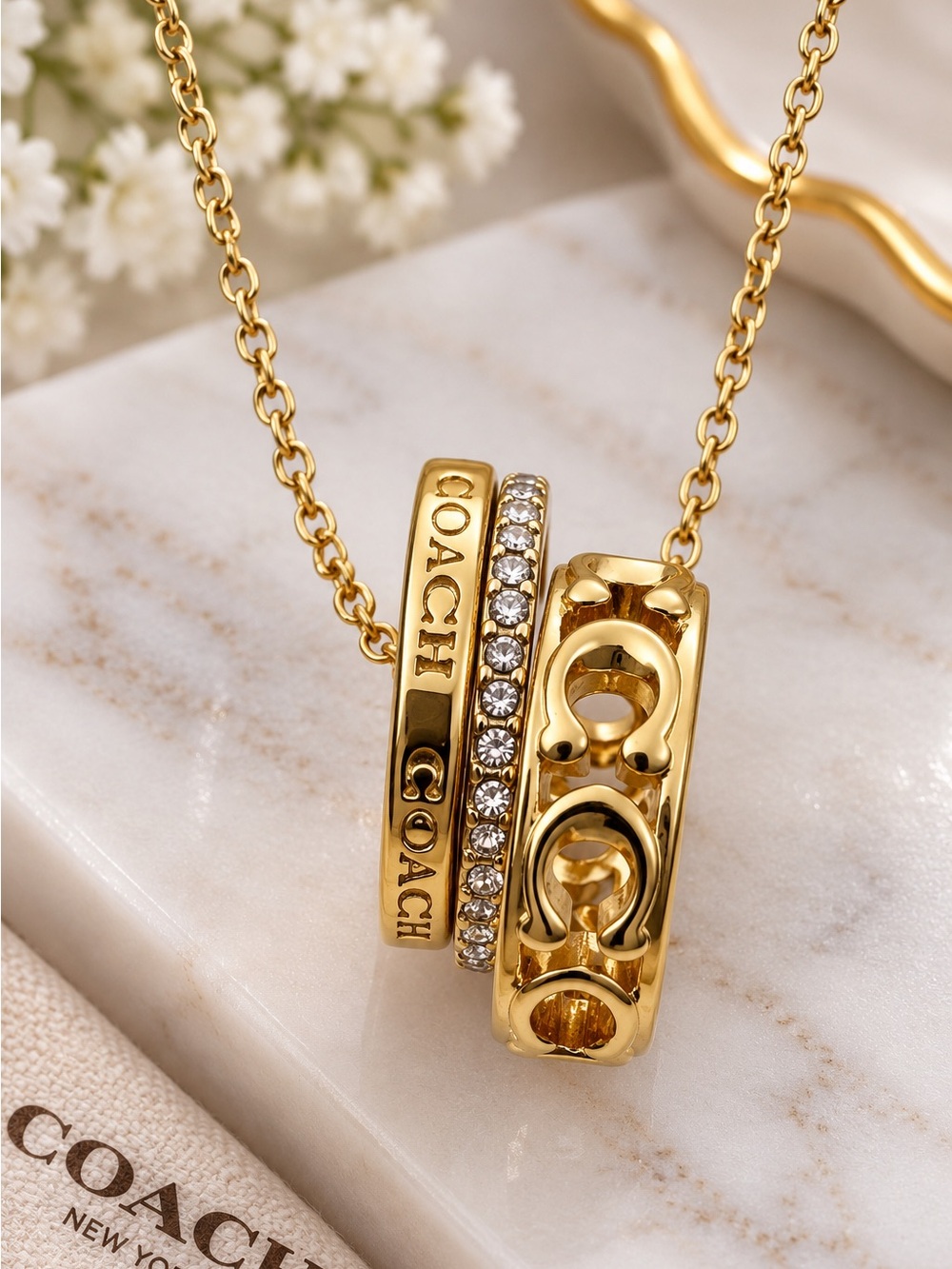 COACH Gold Interlocking Triple Ring Necklace - Picture 4 of 6